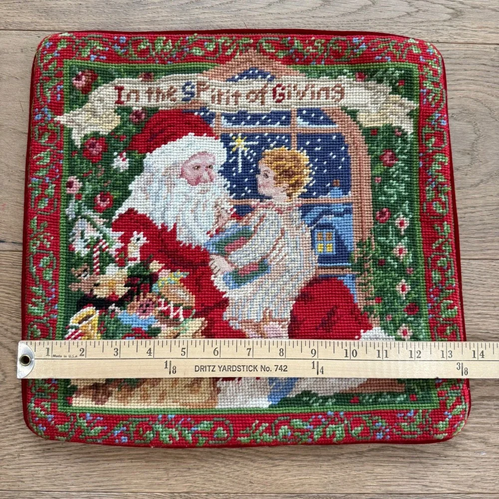 Vintage Santa Spirit of Giving Needlepoint Christmas Pillow Cover‎ Red Velvet